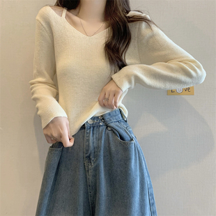 东莞大朗不起球短款小个子吊带露肩毛衣纯欲一字肩V领针织衫女秋