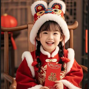 新款厚实虎头帽秋冬断面刺绣婴儿生日抓周虎头帽新中式红色帽子