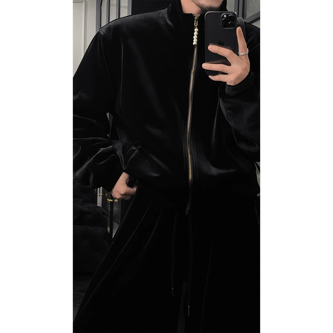 龙刀刀秋冬新品复古高级感丝绒立领夹克套装轻奢简约宽松外套长裤