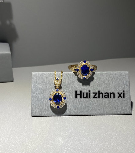 Hui zhanxi 培育蓝宝皇家蓝k黄鸽子蛋戒指 项链两件套套装