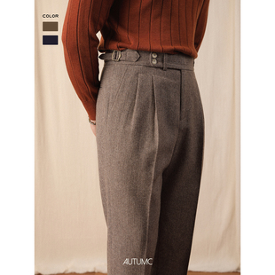 羊毛粗花呢西裤男冬季直筒巴黎扣休闲裤意式垂感免烫人字纹高腰裤