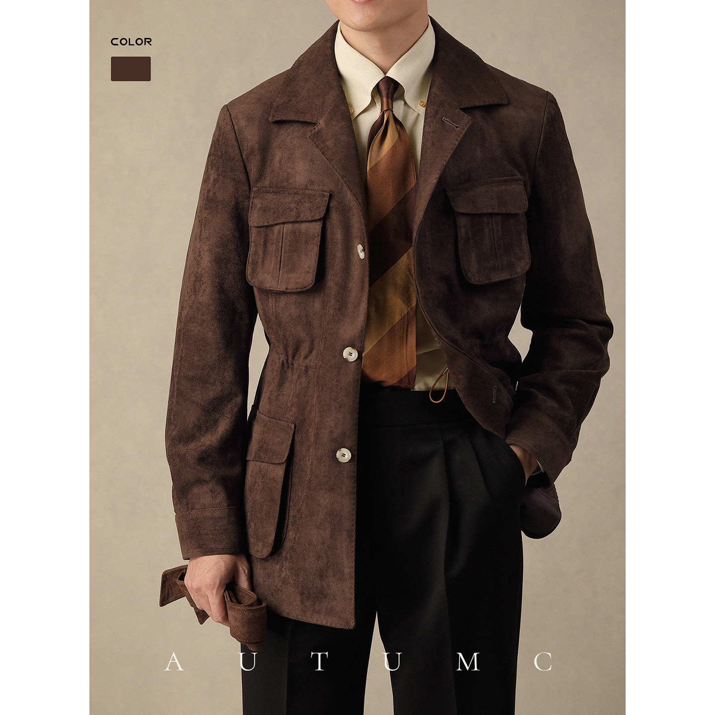 麂皮绒夹克男秋冬季意式保暖宽松免烫外套收腰多口袋休闲翻领猎装