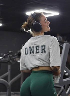 超柔软水洗TTWOLVES复古学院风宽松落肩女士全棉健身运动短袖D385