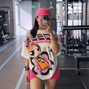 健身轻薄短袖 纯棉宽松男女同款 可爱小女警花花tee C89 WOLVES