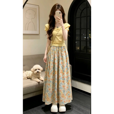巨好看法式黄色碎花洋装女夏季2026新款小个子穿搭一整套装长裙