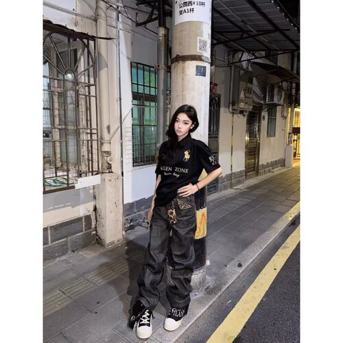 AC风格24新款3D印花打印裤链美式街头牛仔裤男女同款做旧直筒长裤