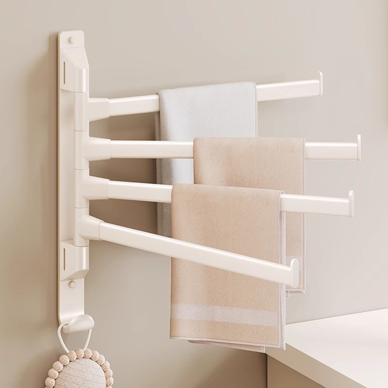 旋转毛巾架免打孔壁挂奶油风收纳挂杆架浴室多功能转角毛巾杆多杆
