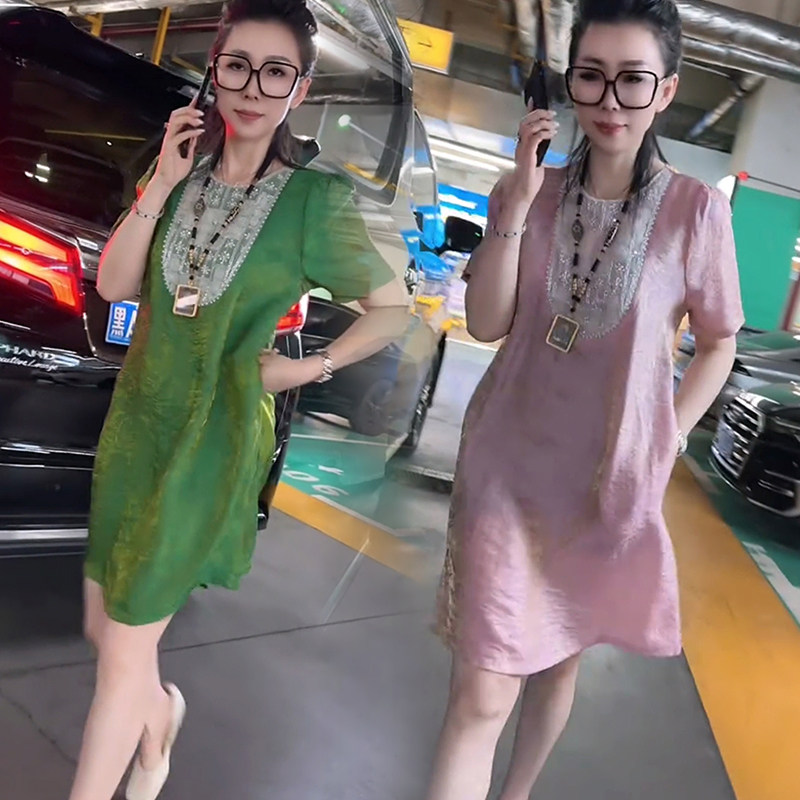 新中式琉璃段短袖连衣裙女2025夏新款圆领重工亮片刺绣百搭中长裙