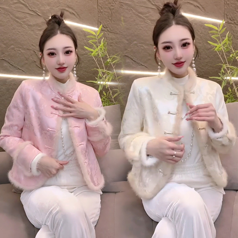 国风立领提花刺绣棉服女