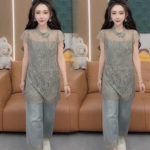 新中式蕾丝拼接牛仔阔腿两件套