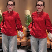 新中式 红色重工上衣女2026冬季 新款 新年爆款 国风提花盘扣显瘦衬衫