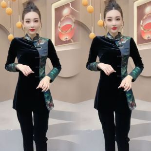 套装 女国风丝绒拼接旗袍两件套潮流 盘扣开叉上衣小脚裤 欧货新中式