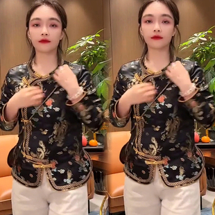 新中式国风织锦段盘口不规则上衣女轻奢时尚高级感显瘦长袖外套潮