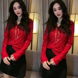 网红爆款时尚重工亮片T恤女2025春新款紧身显瘦纯色V领套头打底衫