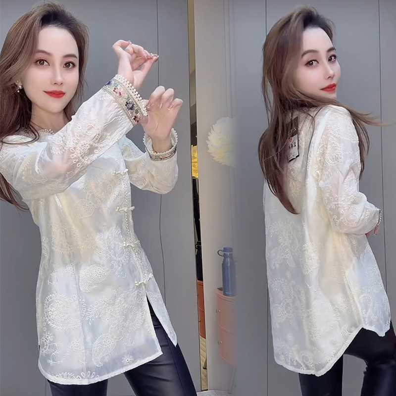 新中式甜美蕾丝中长款长袖衬衫女