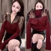 打底衫 V领长袖 烫钻气质小衫 2024秋冬蕾丝拼接显瘦T恤女高级感法式