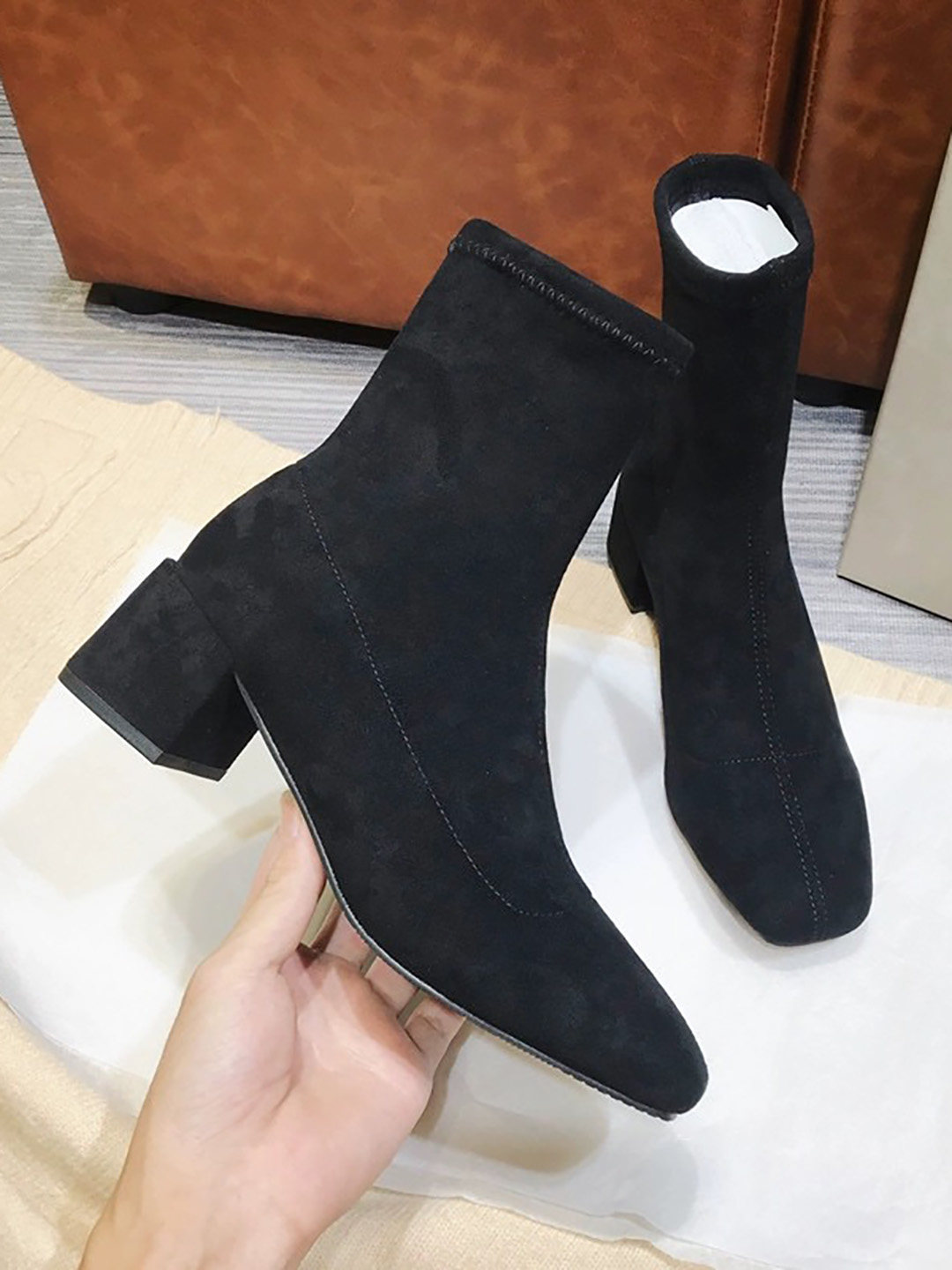 SKINNY BOOTS WOMENS ANKLE BOOTIES BLOCK HEEL MARTIN BOOTS FALL|WINTER 2023 NEW BLACK SUEDE SQUARE TOE SUEDE HEELS ANKLE BOOTS