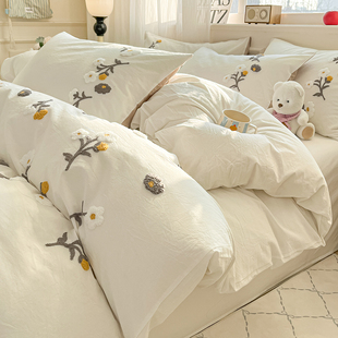 轻奢高级感全棉床上四件套被套床单床笠纯棉2026新款刺绣花朵