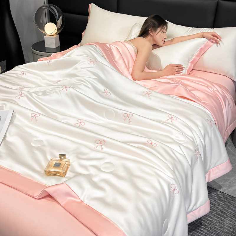 小清新刺绣水洗冰丝夏凉被四件套空调被双人薄被子床笠款可机洗