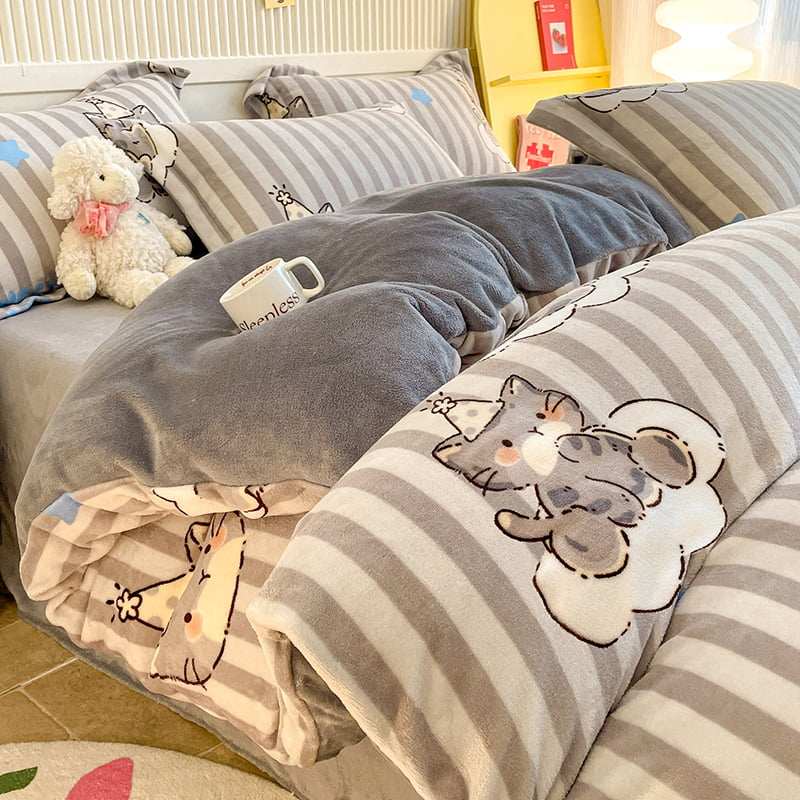 秋冬季保暖床上用品加厚牛奶绒四件套双面毛绒被套法莱绒三件套4