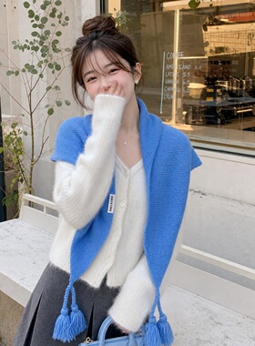 秋冬韩系纯色针织三角巾外搭女士时尚氛围感围巾高级感叠穿小坎肩