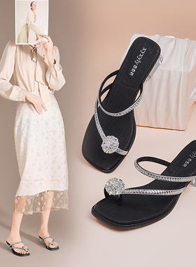 香香莉2025法式水钻绝美凉拖鞋外穿套趾粗跟一字带高跟鞋女030250