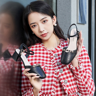 包头凉鞋女米色一字带方头粗跟高跟鞋2023春季新款舒适单鞋不累脚