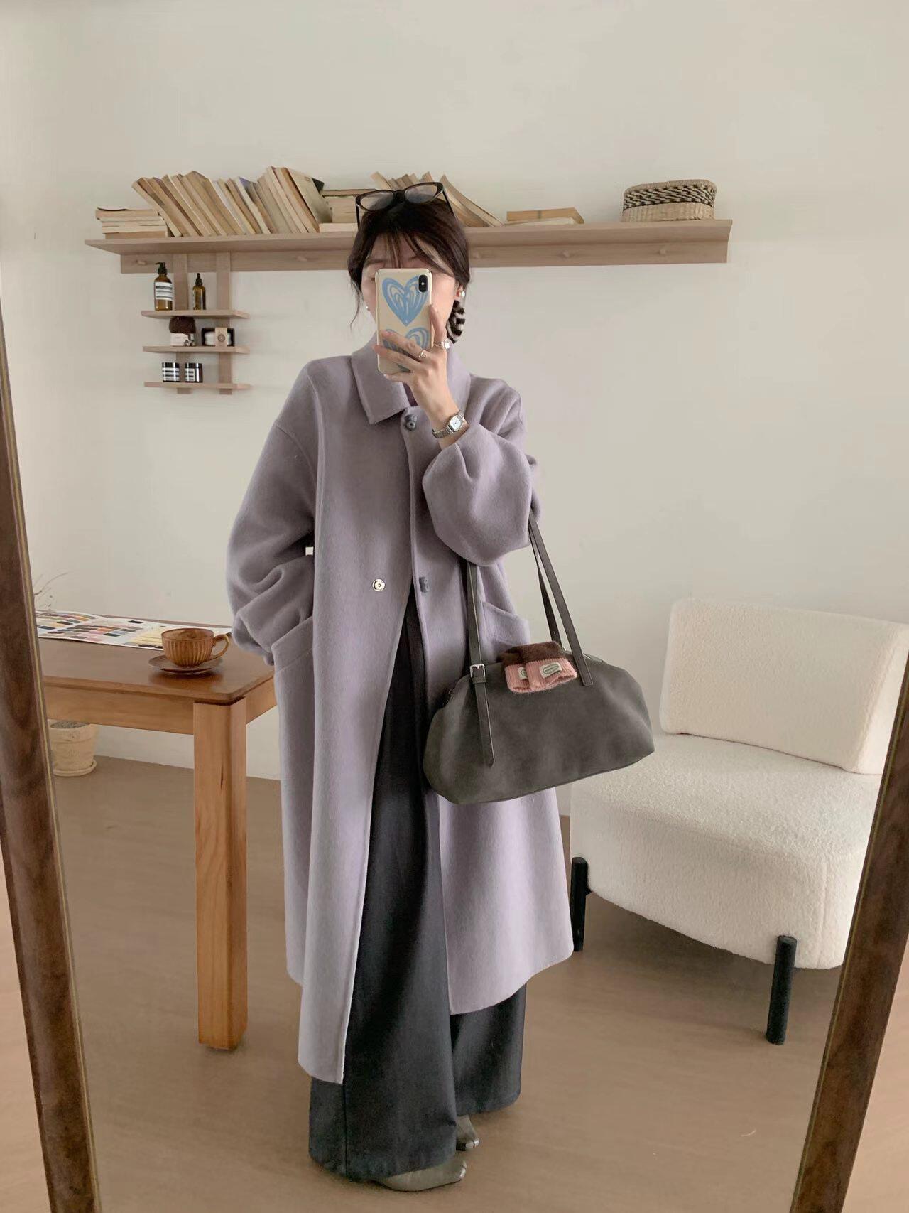 秋冬新款韩式简约风双面羊毛大衣女中长款娃娃领宽松显瘦毛呢外套