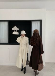 2026秋冬款韩版立领系带收腰双面羊绒大衣女长款过膝宽松毛呢外套