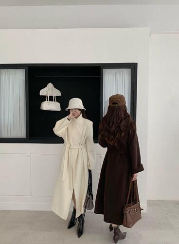 2026秋冬款韩版立领系带收腰双面羊绒大衣女长款过膝宽松毛呢外套