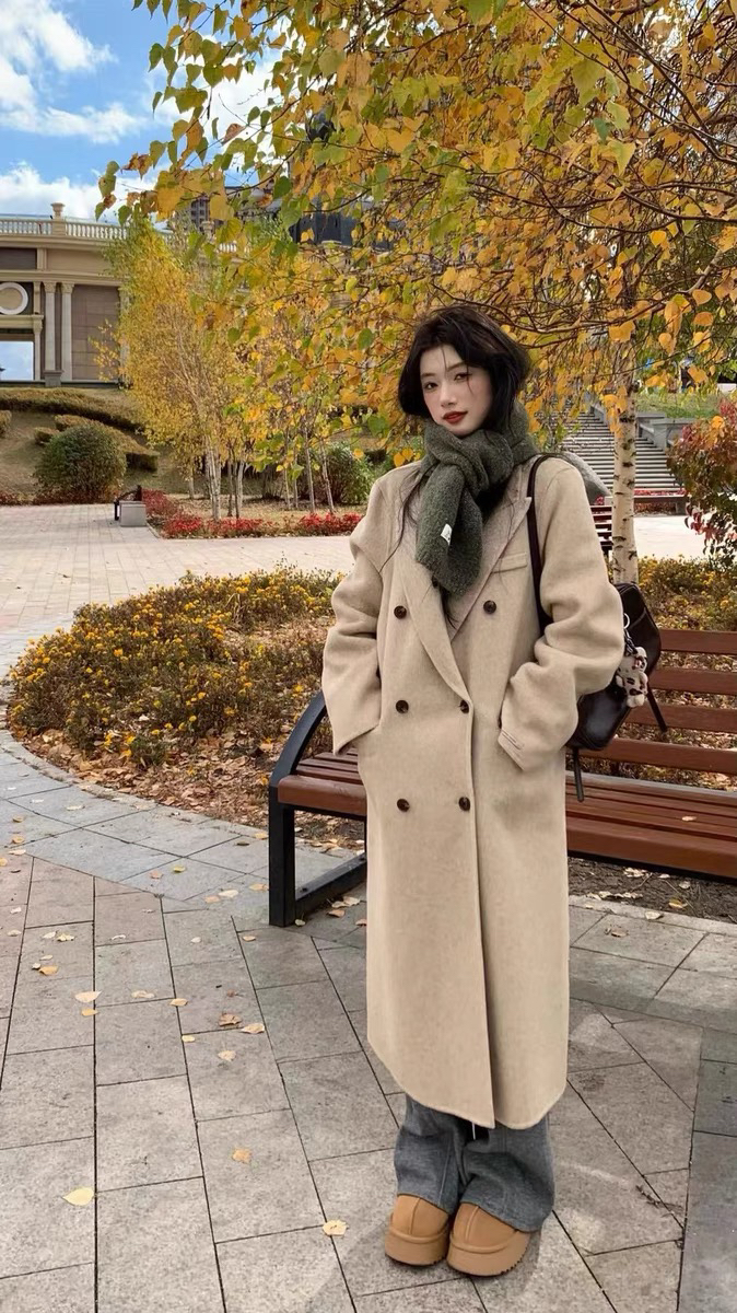 2025秋冬新款韩版时尚百搭双排扣毛呢外套女中长款宽松显瘦大衣潮