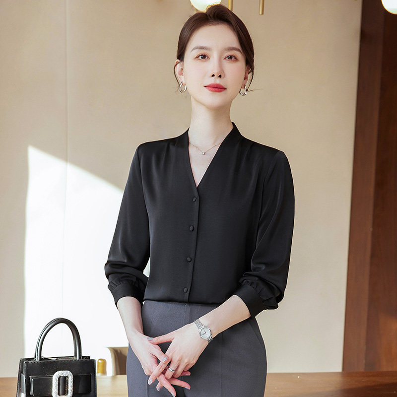 无领衬衫女长袖V领衬衣职业装春秋上衣简约气质工作服黑色打底衫
