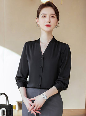 无领衬衫女长袖V领衬衣职业装