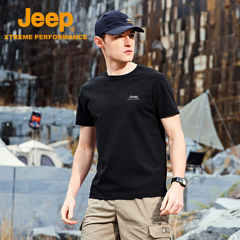 Jeep吉普户外徒步短袖男新款upf50+防晒速干衣黑色圆领透气T恤夏