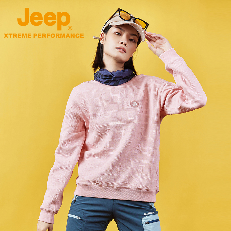 Jeep吉普字母运动卫衣女圆领针织毛衣亲肤保暖套头衫宽松透气上衣