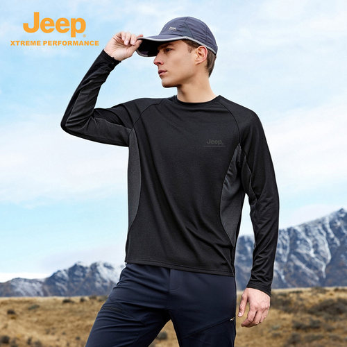 Jeep吉普长袖T恤男透气宽松圆领