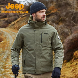 Jeep户外防水冲锋衣男士加绒软壳内胆登山服三合一可拆卸进藏外套