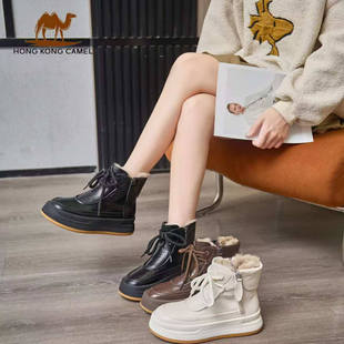 (设计师琪琪)双拉链真皮厚底雪地靴女冬季加绒保暖防滑系带短靴