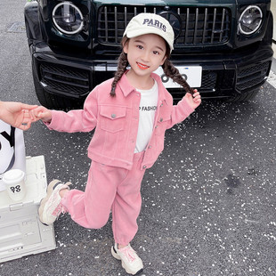 韩版 女童春装 2024新款 洋气时髦夹克两件套 套装 儿童灯芯绒休闲春季