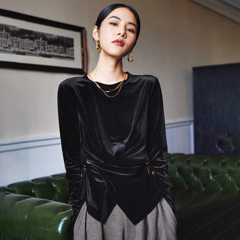 圆领复古T恤加厚丝绒上衣女装2022秋季内搭洋气长袖金丝绒打底衫在类目 女装/女士精品, T恤中 - 来自Buy2taobao.com提供专业的淘宝代购服务