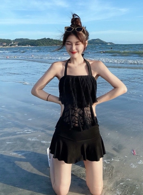 黑色挂脖性感分体泳衣女款保守小胸聚拢高腰遮肚显瘦泡温泉两件套