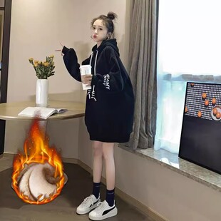 仿羊羔绒中长款遮屁股大版卫衣女秋冬季加绒加厚连帽宽松大码胖mm
