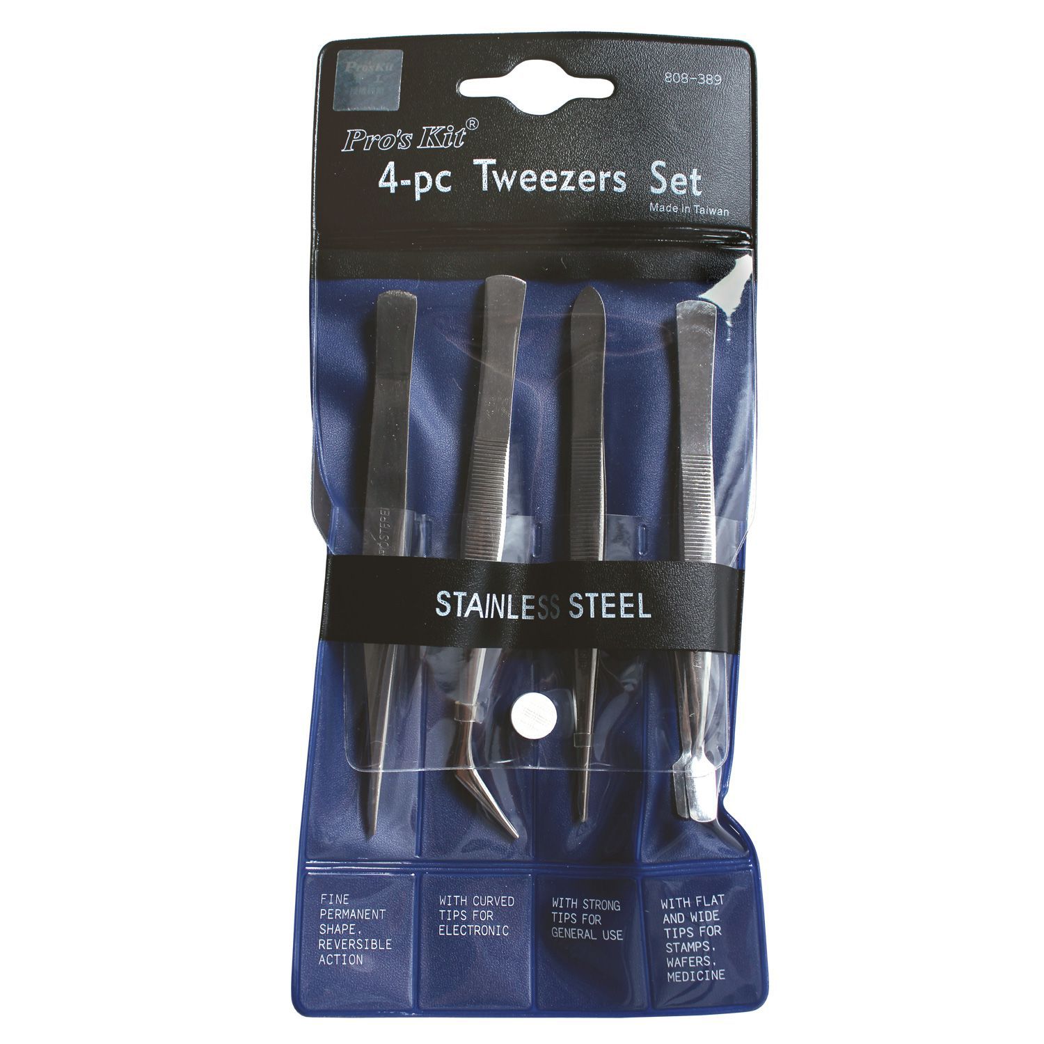 台湾宝工808-389不锈钢镊子组（尖、扁、弯、防弹尖头）