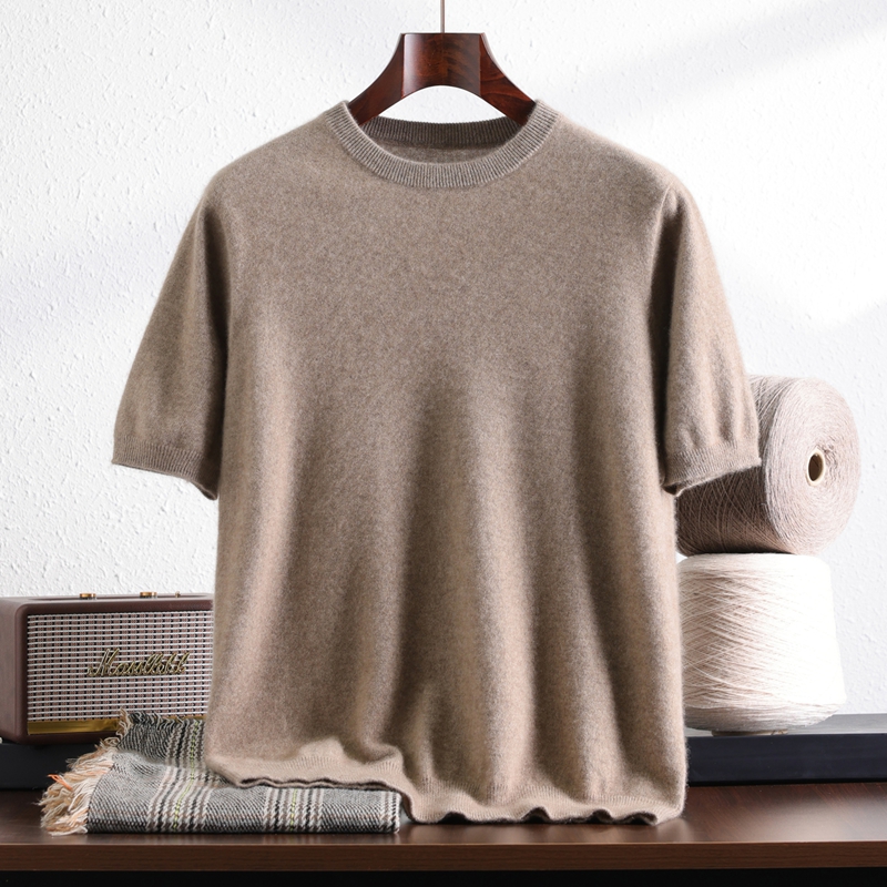 25秋冬新款100%纯山羊绒短袖男士圆领时尚商务套头半袖宽松针织衫