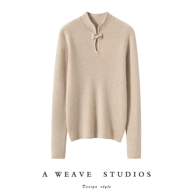 2025秋冬新款新中式盘扣100%山羊绒衫女半高立领修身打底针织毛衣