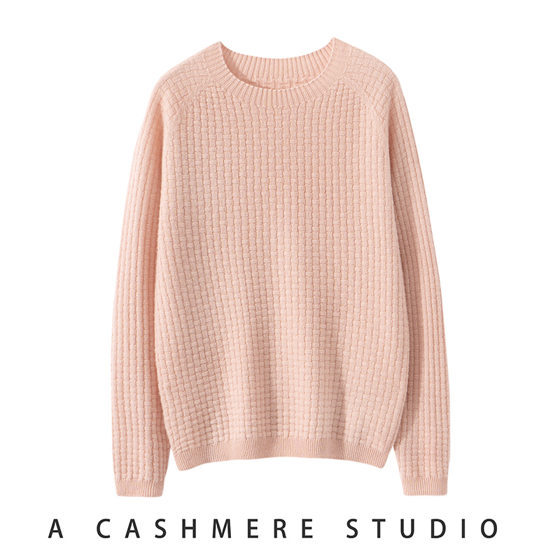 100%纯山羊绒无缝圆领席编针织衫