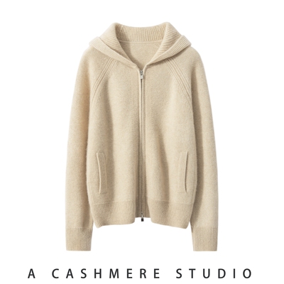 2025秋冬新款100%纯山羊绒女双拉链连帽开衫加厚宽松针织外套上衣