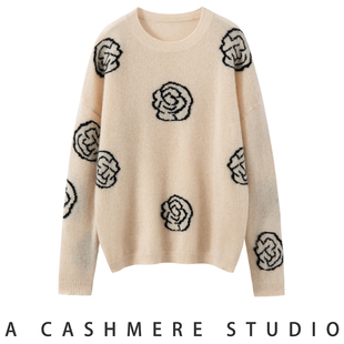 毛衣上衣 女宽松百搭提花针织打底衫 25秋冬新款 圆领100%纯山羊绒衫