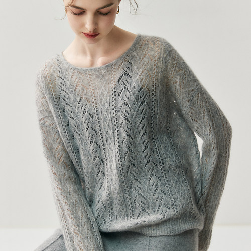 康宝莱纱线75%山羊绒25%桑蚕丝圆领薄款镂空毛衣女宽松针织打底衫