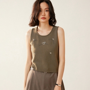 打底衫 2025秋冬新款 100%山羊绒针织背心女高档镶钻橄榄绿内搭短款